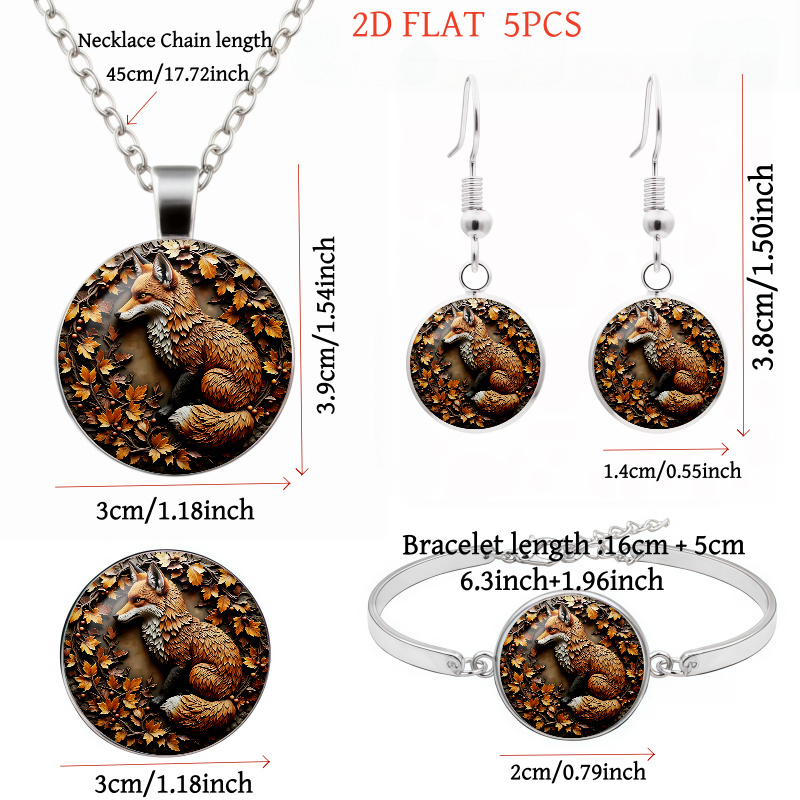 5pc Fox & Autumn Leaves Necklace, Earrings, Brooch, and Bracelet Set